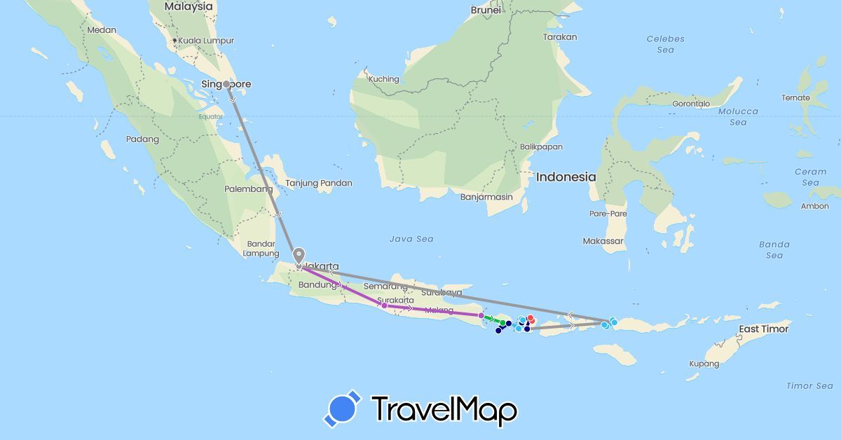 TravelMap itinerary: driving, bus, plane, train, hiking, boat in Indonesia, Singapore (Asia)