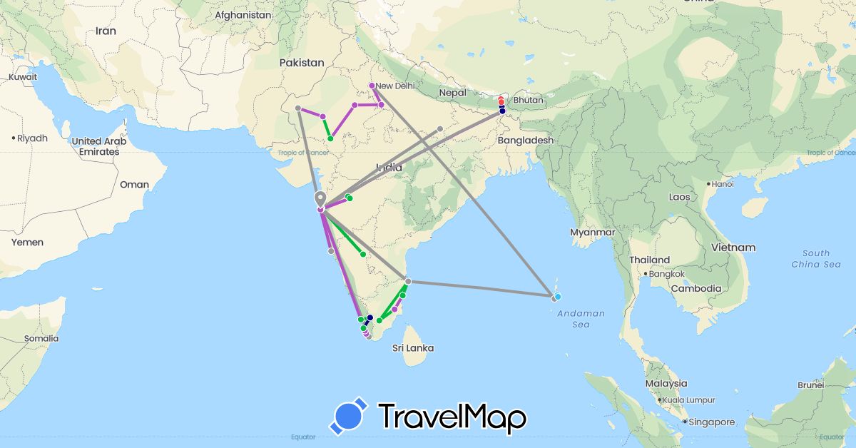 TravelMap itinerary: driving, bus, plane, train, hiking, boat in India (Asia)